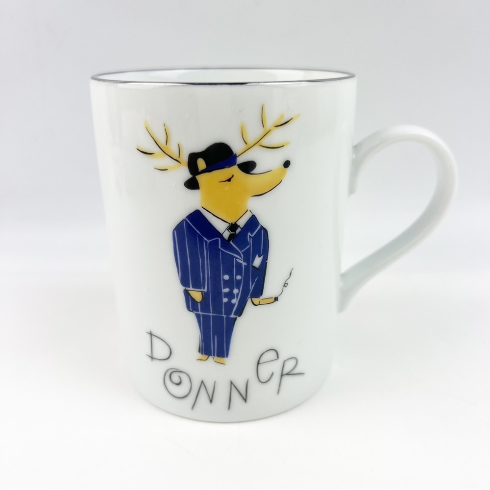 Vtg Pottery Barn Reindeer Donner Christmas Coffee Tea Mug Cup Silver Rim Japan